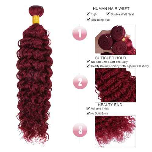 Augfst Brazilian Virgin Human Hair Bundles Burgundy 99J Water Wave Curly Human Hair Bundles 10 12 14 inch Unprocessed Brazilian Wine Red Quick Weave Hair for Black Women