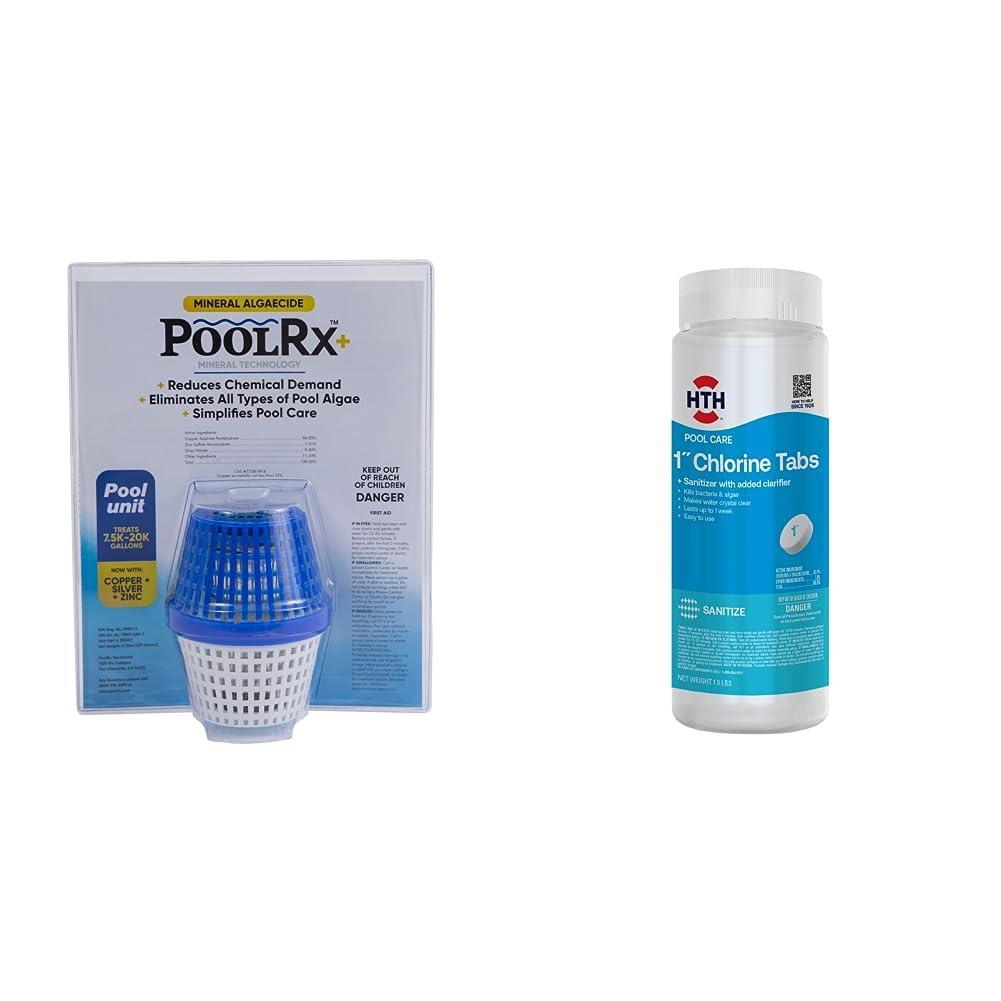 PoolRX+ Pool Unit 7.5k-20k gallons & HTH 42049 Swimming Pool Care 1" Chlorine Tabs, Swimming Pool Chlorinating Sanitizer, 1.5lb