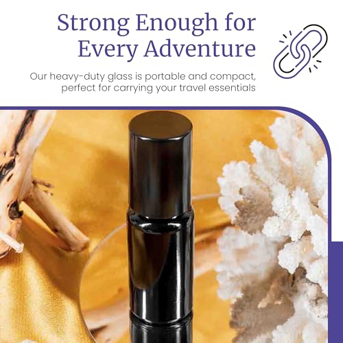 Infinity Jars Black Ultraviolet Glass Bottle 15 Ml (.5 fl oz) w/Glass Ball Roll on Tip Screw top Bottle for Essential oil, Airtight Round Bottles Cosmetic Containers Roller Bottles w/Black Cap 10-Pack