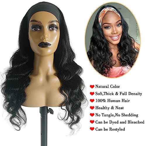 Headband Wig Human Hair Brazilian Body Wave Hair Glueless Wigs Headband Wigs for Black Women Human Hair Wear and Go Glueless Wig with Headband Natural Color Full Machine Wigs 20 inch