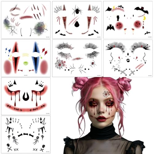 Halloween Face Eye Tattoo Stickers Scary Spider Clown Demon Ghost Vampire Spider Web Eye Shadow Temporary Stickers Fake Eyeliner Tattoos for Women Halloween Masquerade Carnival Party 8Pcs