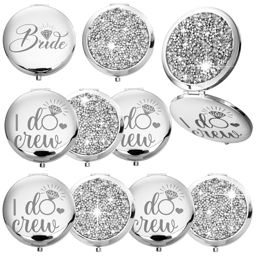 Barydat 10 Pieces Bridesmaid Gifts Set Magnifying Compact Mirror Bride I Do Crew Bridesmaid Proposal Gifts Travel Small Mirror for Purse Makeup Pocket Mirror for Women Wedding Party (Silver)