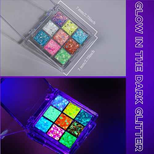YGDZ Glow in The Dark Body Glitter, Face Glitter Gel, Mermaid Face Gems Kit, Hair Glitter Jewels for Makeup, Festival Outfits for UV Black Light Party, Rave Accessories for Women