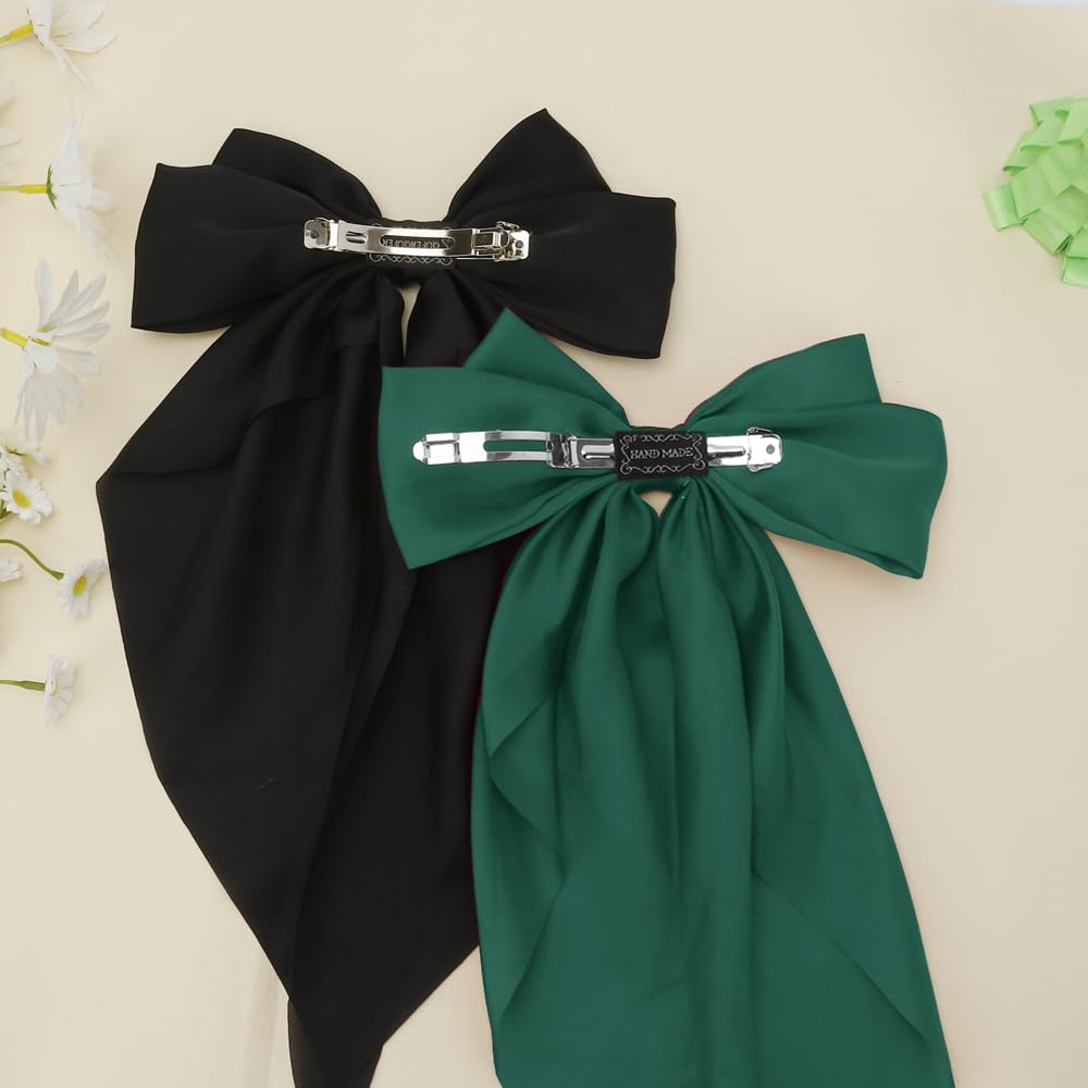 Black Bow Set for Women and Girls - Satin Hair Bows, Ribbon Hair Bows, Hair Clips, and Barrettes in Green (2pcs Large)