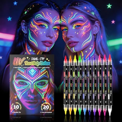 UV Neon Face & Body Paint Markers - 10Pc 20 Color Glow Set