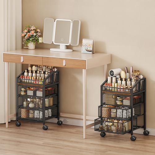HapiRm Rolling Makeup Organizer Cart with 3 Drawers and Top Compartments, Under Desk Vanity Storage, Black