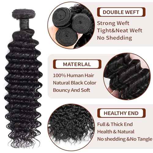 Deep Wave Human Hair Bundles, 24 Inch, Black, 100g/pc, 12A Grade, Virgin Brazilian Hair, Shedding Free, Tangle Free, Wavy, Deep Wave, WIG for Women