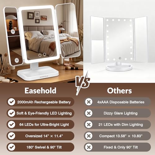 EASEHOLD Rechargeable Trifold Lighted Makeup Mirror 64 LED 1X/2X/3X