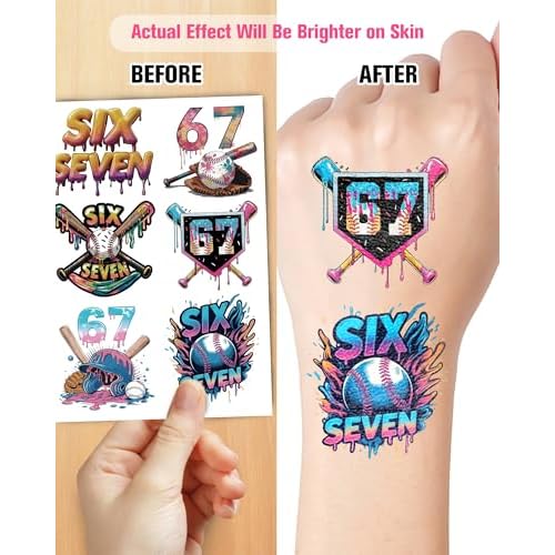 166Pcs Drip Baseball Temporary Tattoos - 6 7 Pink Baseball Theme Party, Ice Cream Drip Party Decorations, Baseball Drip Party Gift, 15 Sheets 48 Styles