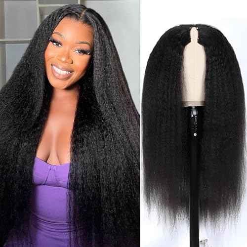 Forevermore V Part Wig Human Hair Kinky Straight Wig Human Hair For Women Glueless 18 Inch Yaki Straight Half Wigs For Black Women Full Head Clips In No Leave Out 150% Density Natural Color