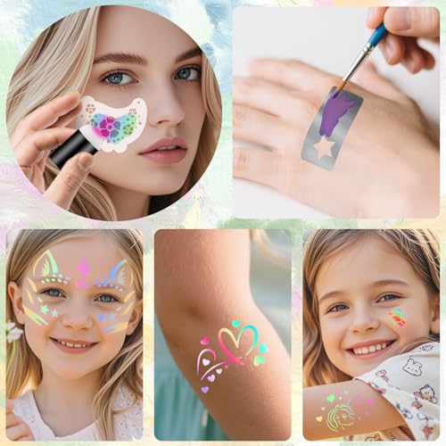 58PCS Face Paint Stencils Kit Includes 36 Reusable Facial Painting Stencils, 6 Sheets Tattoo Templates Stickers, 10 Brushes, 2 Pack Adhesive Gems, 4 Sponge for Halloween Festival Party Makeup