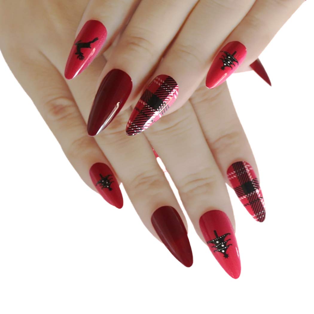 Gangel Red Matte False Nails Xmas Fake Nail Full Cover Christmas Long Fake Nails Snow Deer Acrylic Press on Nails Daily Wear Gifts for Women and Girls 24Pcs (RED LATTICE)