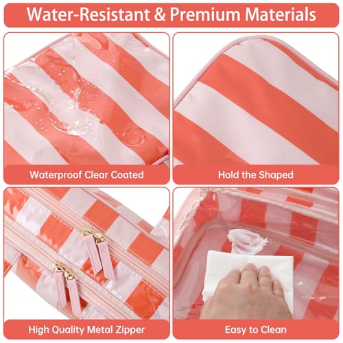 Travel Toiletry Bag for Women, Waterproof Clear Coated Portable Stripe Makeup Cosmetic Bag with Compartment, Travel Organizer for Shampoo, Conditioner, Brushes Set,Cosmetic Accessories(Pink-Orange)