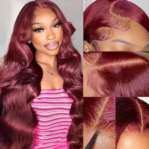 99j Burgundy Lace Front Wigs Human Hair 13x4 Body Wave Lace Front Wigs Human Hair Pre Plucked 180 Density HD Transparent Wine Red Colored Human Hair for Women with Baby Hair 22 Inch