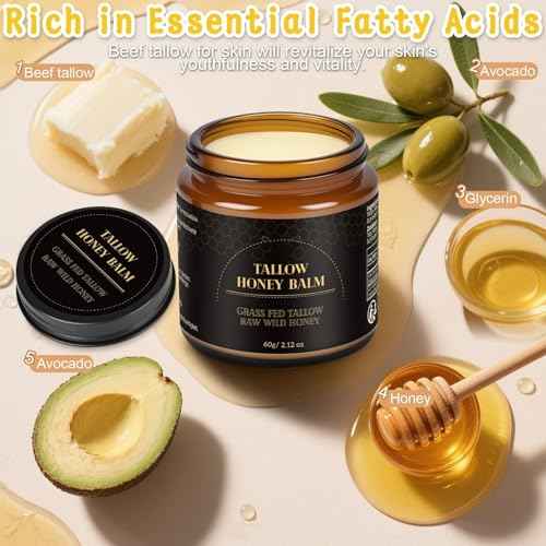 IIIMEIDU Beef Tallow for Skin, Tallow and Honey Balm for Face Moisturizer Balm, 100% Natural Organic Grass-Fed Beef, Honey, Vitamin E Oil for Body & Face (2.1 Oz)