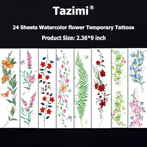 Watercolor Temporary Tattoos for Women - 24 Sheets Flower