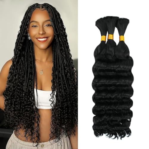 Deep Wave Human Braiding Hair for Boho Braids ? 10 Inch 120g 3 Bundles/Pack Natural Black, 100% Unprocessed 12A Brazilian Virgin Hair Bulk, No Weft, Wet & Wavy Curly Knotless Extensions