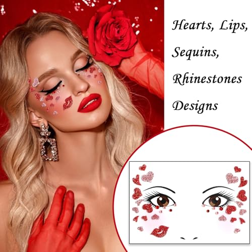 Glitter Love Heart Face Stickers with Rhinestones - 2 Pack