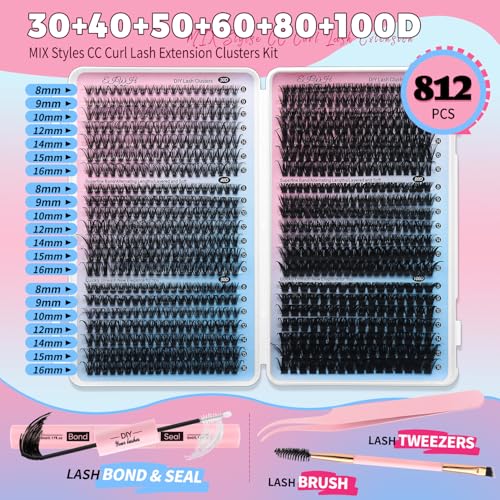 Cluster Lash Extensions Kit 812Pcs - 6 Styles 8-16mm with Glue