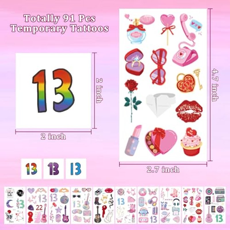 91 Pcs Temporary Tattoos for Singer Fans, Music Album World Tour Tattoos, Lucky Number 13 Hand Face Tattoo Stickers for Music Lover, Concert Merch Accessories Party Favor Decoration Gift Idea