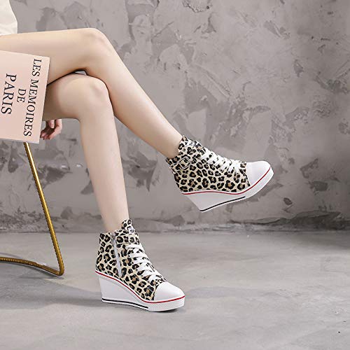 Women's Sneaker Shoes High Heel Fashionable Canvas Shoes High Tube Lace Up Wedge Edge Zipper Slope Angle Shoes Size 4-11