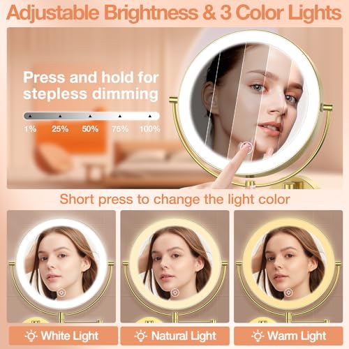 Benbilry 9" Large Wall Mounted Lighted Makeup Mirror, 1X/10X Magnifying 2-Sided AC Plug-in Powered Bathroom Mirror with 3 Color Lights, Touch Dimmable, Extended Arm 360¡Æ Rotation, ¡¼Gold¡½