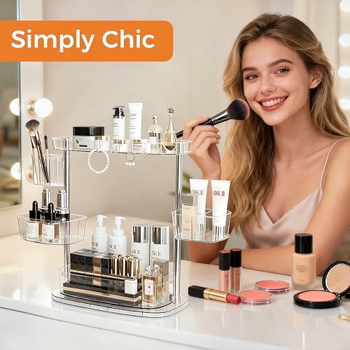 Rotating Makeup Vanity Organizer, Bathroom Countertop Cosmetic Skin Care Storage,Cosmetic Display Case with Brush Holder,for Skincare Perfume Cosmetics,Detachable Hanging Trays & Hooks