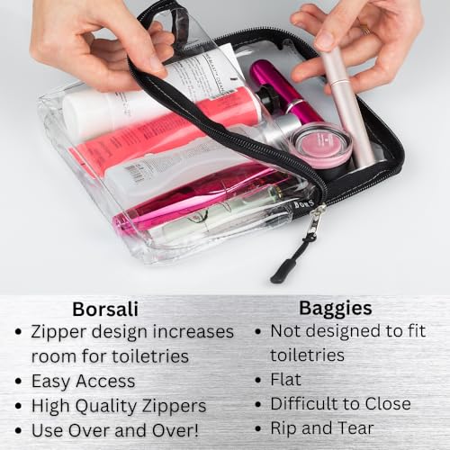 BORSALI Quart Size Bag TSA-Approved for Carry On Travel - One (1) Quart Clear Toiletires, Cosmetic and 3-1-1 Liquids Toiletry Bag - 4 Pack