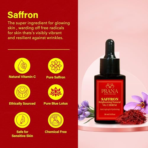 PRANA Saffron Brightening Vitamin C Face Serum ? Ayurvedic Skincare with Pure Blue Lotus, Vetiver & Sandalwood ? Hydrating Anti-Aging Serum for Even Skin Tone, Dark Spots & Radiant Glow (30ml)