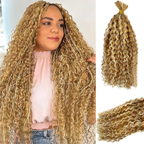 Human Braiding Hair Deep Water Wave Bulk Human Hair for Boho Braids No Weft 2 Bundles 22 Inch Strawberry Blonde with 613 Bleach Blonde Highlights Wet and Wavy Twist Hair Braiding for Knotless Bohemian