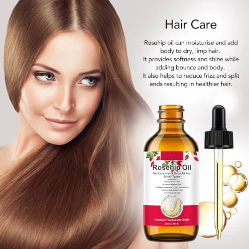 Rosehip Oil for Face, Rose Hip Oil Organic Rosehip Seed Oil 100% Pure Cold Pressed for Anti-Aging, Nourishing Hair Care, Face & Skin (2.02 Fl Oz)