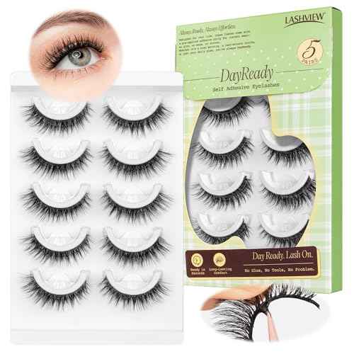 LASHVIEW Self Adhesive Eyelashes Natural Look Press On Lashes No Glue Need Eyelashes Reusable Cat Eye Wispy Self-adhesive False Lashes with Replacement Adhesive Strips 5 Pairs(CV122)