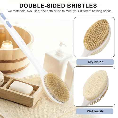 Back Scrubber for Shower with Long Handle, Exfoliating Bath Brush for Body - Double Sided Bristles (Stiff & Soft), Anti-Slip Grip, Lightweight - Gift for Seniors, Includes Lanyard & Hook, Blue