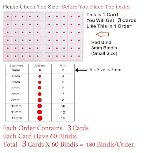 VAMA 3mm Red Round Bindi Stickers - 12 Card Set