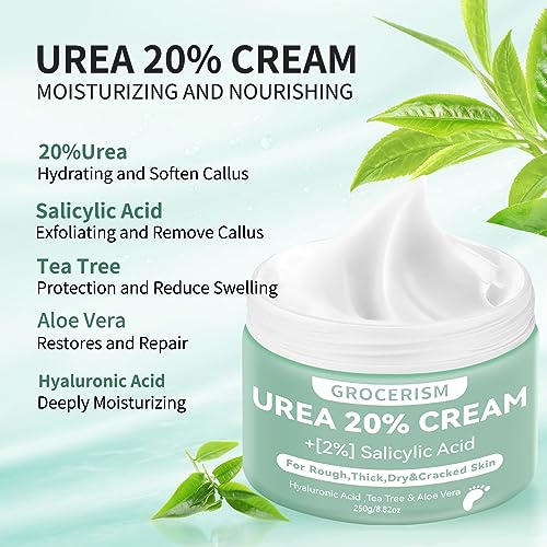 Grocerism Urea Cream 20 Percent For Feet Plus 2% Salicylic Acid 8.82 oz || Foot Cream and Hand Cream Maximum Strength with Hyaluronic Acid, Tea Tree, and Aloe Vera for Deep Moisturizes, Callus Remover