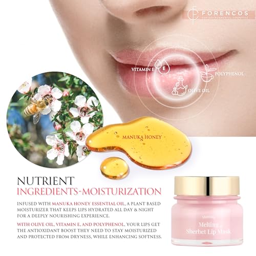 FORENCOS Melting Sherbet Lip Mask, Overnight Treatment with Manuka Honey, Olive Oil & Vitamin E, Sleeping Mask & Repair Moisturizer for Dry, Cracked Lips, Nourishing Care, 0.7 oz