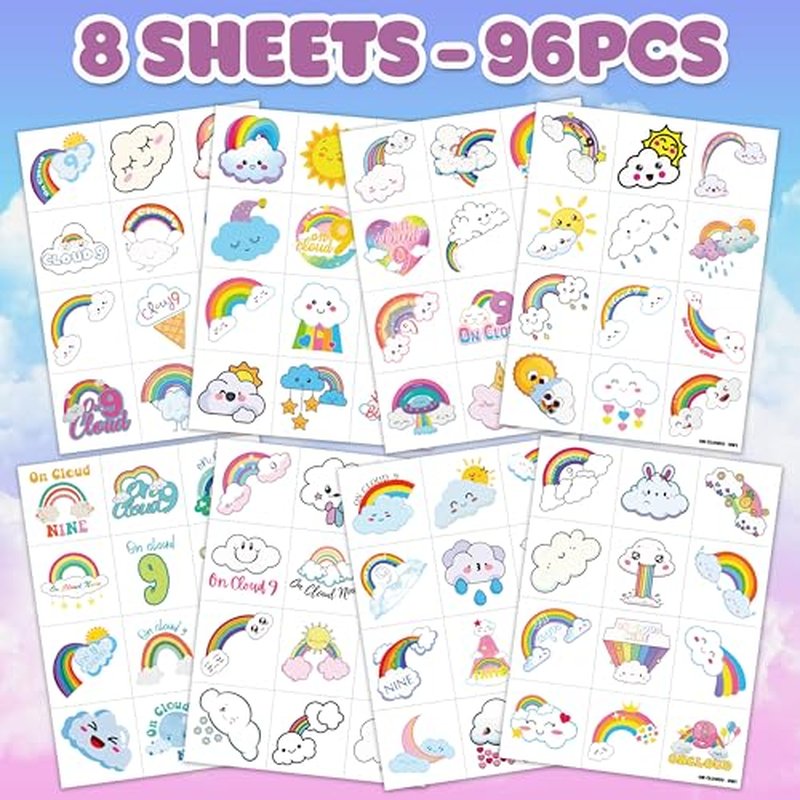 On Cloud 9 Temporary Tattoos Themed 9th Birthday Party Favors Decorations Supplies 103PCS Colorful Rainbow Tattoo Stickers Gifts For Boys Girls Kids Classroom School Prizes Carnival Christmas