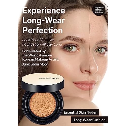 JUNG SAEM MOOL Essential Skin Nuder Longwear Cushion 0.98 Fl Oz, Refill Included, 24H Lasting Cushion Foundation with High Coverage, Semi-Matte Natural Finish, Korean Foundation Makeup (Medium)