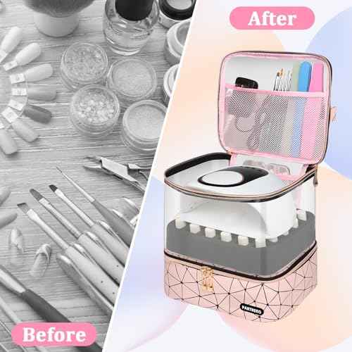 Clear Nail Polish Organizer Holds 60 Bottles (15ml/0.5fl.oz)& Nail Lamp, Double Layer Nail Supplies Organizer Case Transplant, PU Leather Nail kit Storage Bag for Manicure Tools (Pink)