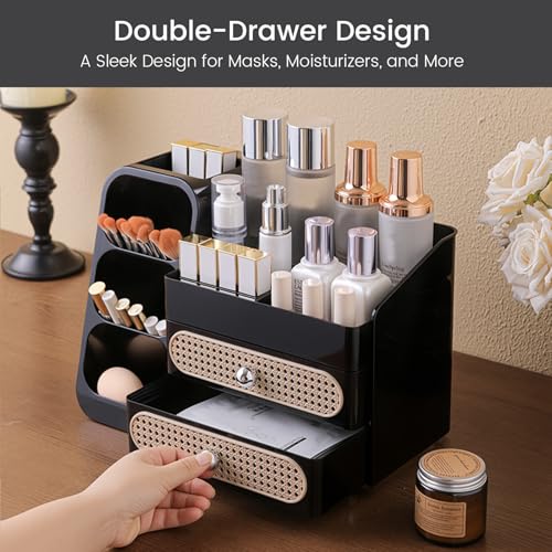Aveniee Makeup Organizer with Drawers, Large Bathroom Countertop Organizer for Vanity, Desk Cosmetics Storage for Perfume Brushes Skincare Eyeshadow Lotions Lipstick-Black