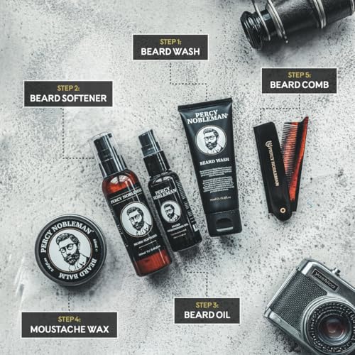 Percy Nobleman Complete Beard Care Kit ? Beard Grooming Gift Set with Beard Softener, Scented Beard Oil, Beard Balm, Beard Wash and Folding Acetate Comb for Softening, Hydration & Styling