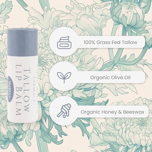 Organic Tallow Lip Balm (Vanilla Cr?me) from Grass Fed Cows. Super hydrating with Tallow, Olive Oil, Honey, and Beeswax. Sustainable Cardboard Tubes & Hand Filled. Jumbo Size 0.5 oz.