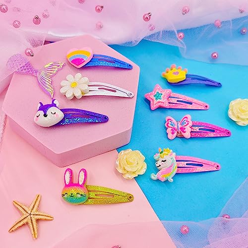 PinkSheep Unicorn Butterfly Hair Accessories - 8 Pairs/16 Pack Metal Snap Clips, Barrettes, and Sparkly Hair Pins for Girls