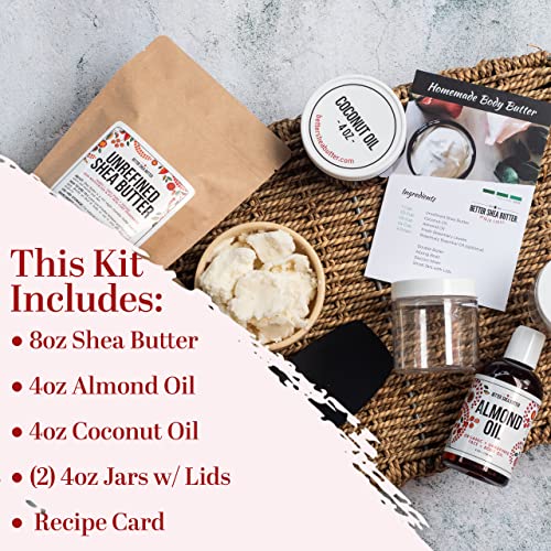 Shea Butter Body Butter Making Kit - DIY Kits for Adults (Raw Shea Butter, Almond Oil, Coconut Oil, 2 Jars) & Recipe Card with Link to Video Tutorial - Natural Whipped Body Lotion Making Kit