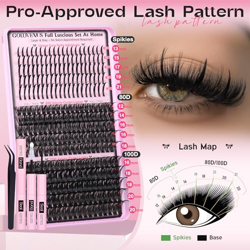 Lash Clusters Kit 13-21MM Lash Spikes Eyelash Clusters 80D 100D Thick Cluster Eyelash Extensions Kit Spiky DIY Lash Extensions Kit Individual Lashes Volume 295PCS