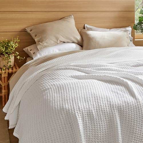 Bedsure 100% Cotton Blankets King Size for Bed - Waffle Weave Blankets for Summer, Lightweight and Breathable Soft Woven Blankets for Spring, White, 104x90 inches