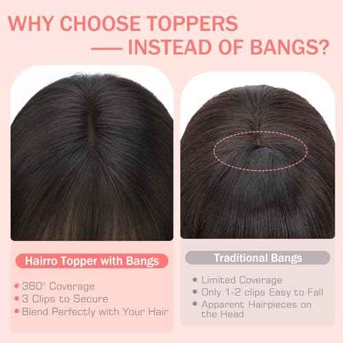 Hairro 100% Human Hair Toppers with Bangs, 360¡Æ Cover 3D Clips on Thin Hairpieces for Women, 3.15"x4.33" Silk Base Lightweight for Covering Greyish Hair on Top, 11 Inch Natural Black