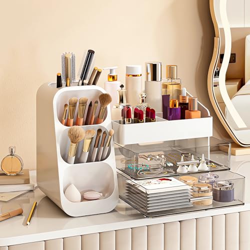DASITON Makeup Organizer with Brush Holder for Vanity, Bathroom Countertop Organizer with 2 Drawers, Large skincare storage organizers for perfume, lipstick, Nail Polishes and Beauty Essential (White)