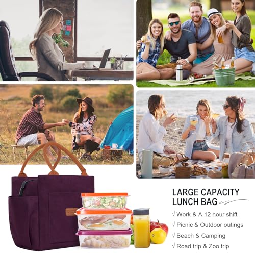 Joymee Lunch Bag Women Insulated Lunch Box Reusable Leakproof Large Spacious Cooler Tote for Women Men Adult with Bottle Holder and Side Pockets for Work Office Travel Picnic - Dark Purple