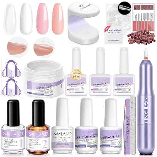SAVILAND Builder Nail Gel Kit with Nail Drill: Clear Pink Nude White Gel Builder for Nails VE Castor Oil Ultra - Hard Gel with U V Lamp Base Top Coat for Nail Apex Extension Strengthener SSProAcryl X